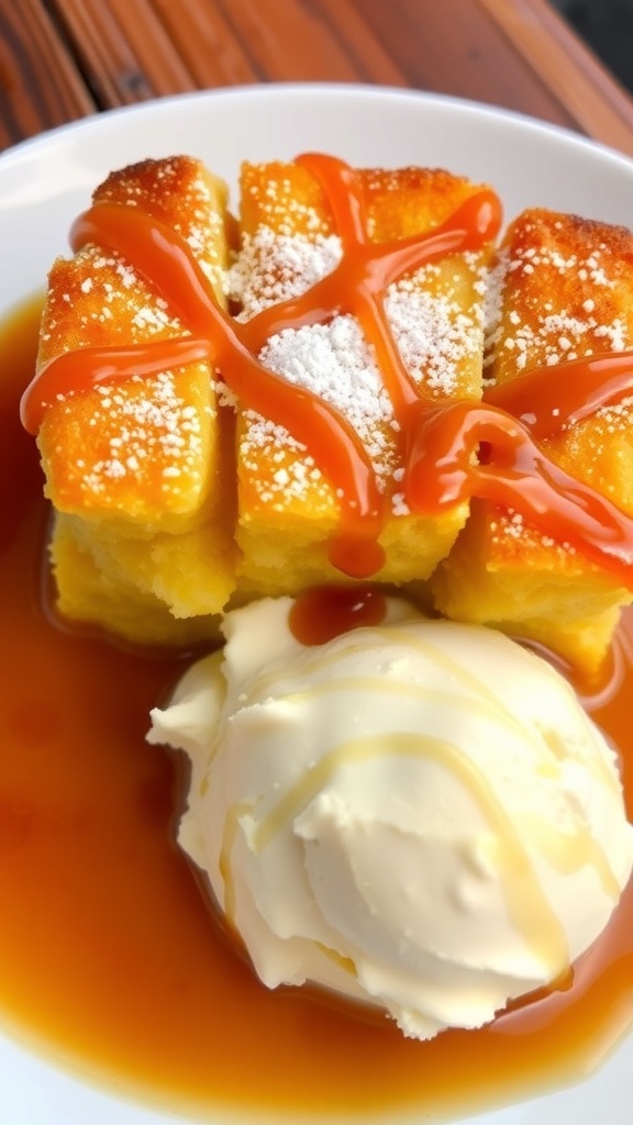 KFC-Style Bread Pudding Recipe KFC-style bread pudding served warm with caramel sauce and ice cream on a rustic table.